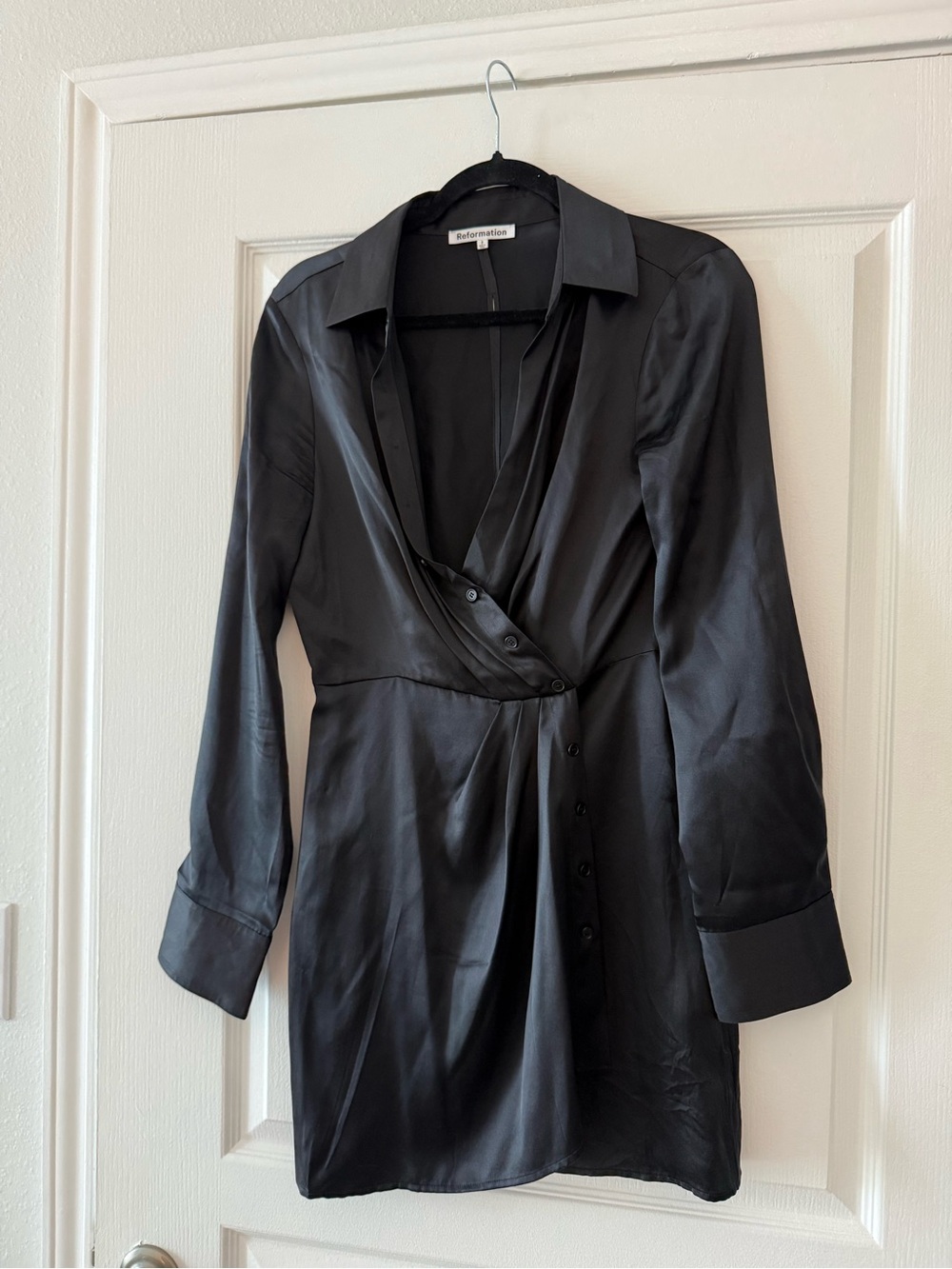 Reformation Black Satin Shirt Dress